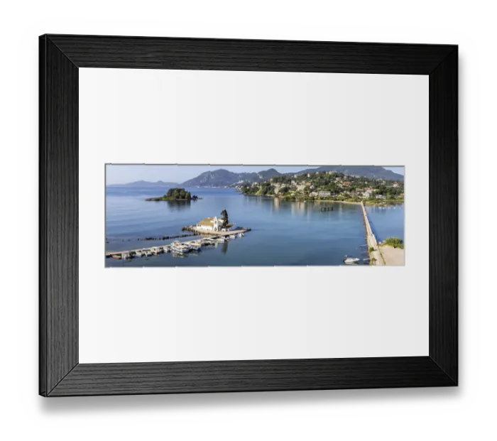 Framed Print : Vlacherna Monastery and Mouse Island in the Mediterranean from above Panorama on the island of Corfu