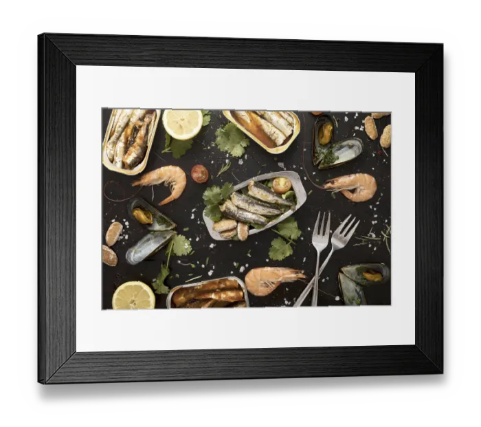 Framed Print : Flat lay assortment seafood with cutlery