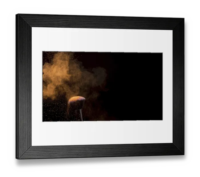 Framed Print : Orange cloud powder makeup brush dark background