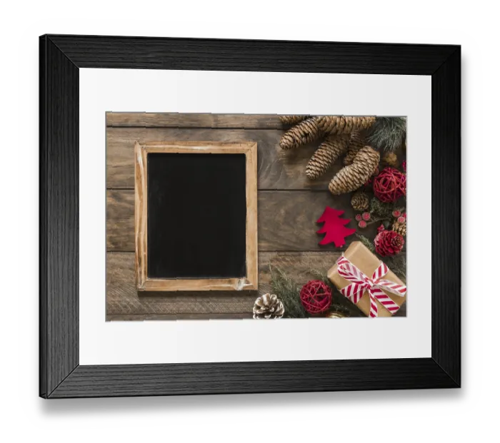 Framed Print : Photo frame near gift box fir branches ornament snags christmas balls