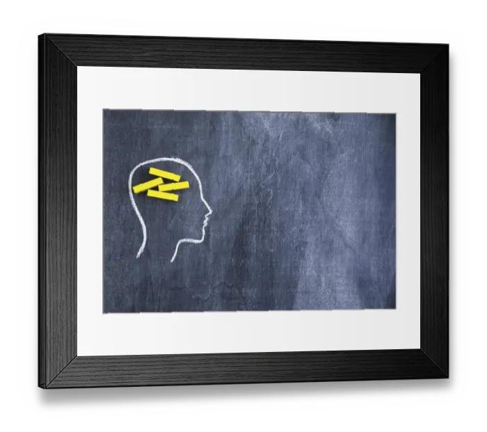 Framed Print : Yellow rectangular wooden box drawn face outline with chalk blackboard