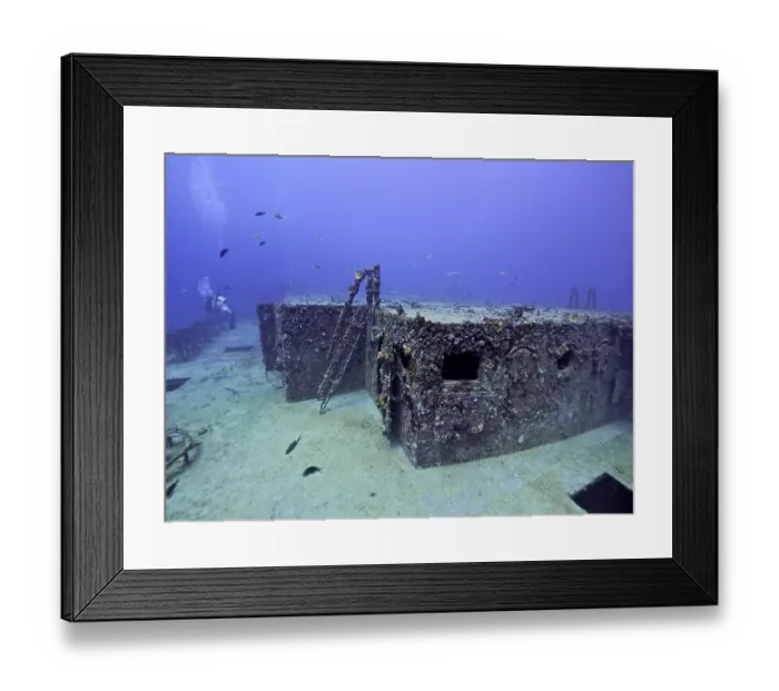 Framed Print : Rusty shipwreck with corals and fish in deep water Framed Print : Rusty shipwreck with corals and fish in deep water