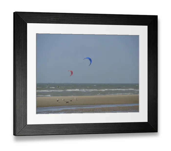 Framed Print : Colourful kites float in the sky while birds stroll along the beach