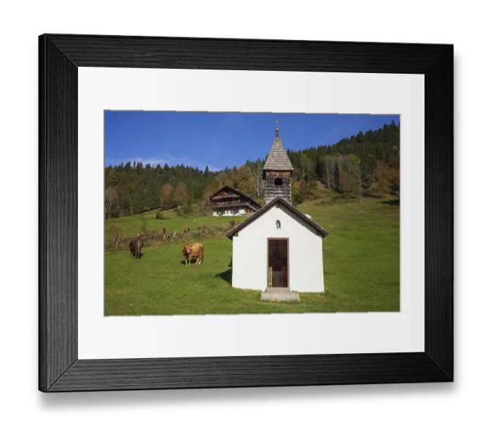 Framed Print : Graseck Alm with huts, chapel and hiking trail Framed Print : Graseck Alm with huts, chapel and hiking trail