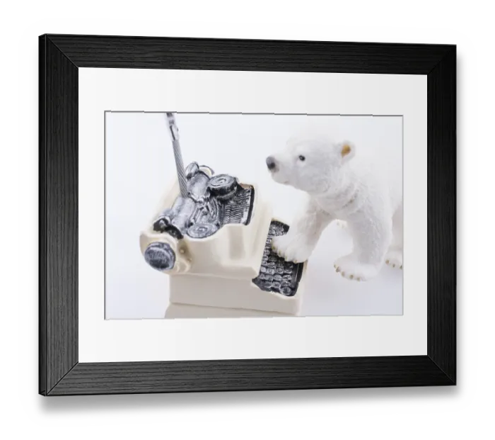 Framed Print : Polar bear cub on the roof of a model house mado of roof