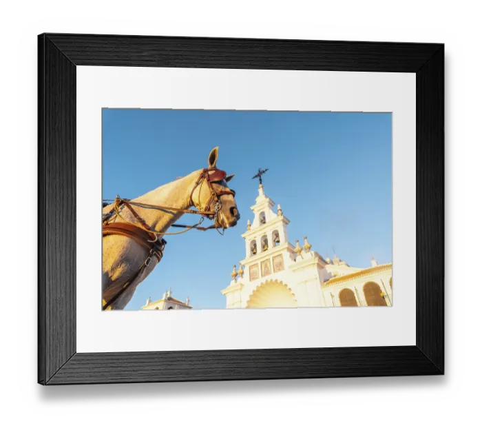 Framed Print : A horse next to the white facade in the sunset at the Rocio sanctuary in the Rocio festival