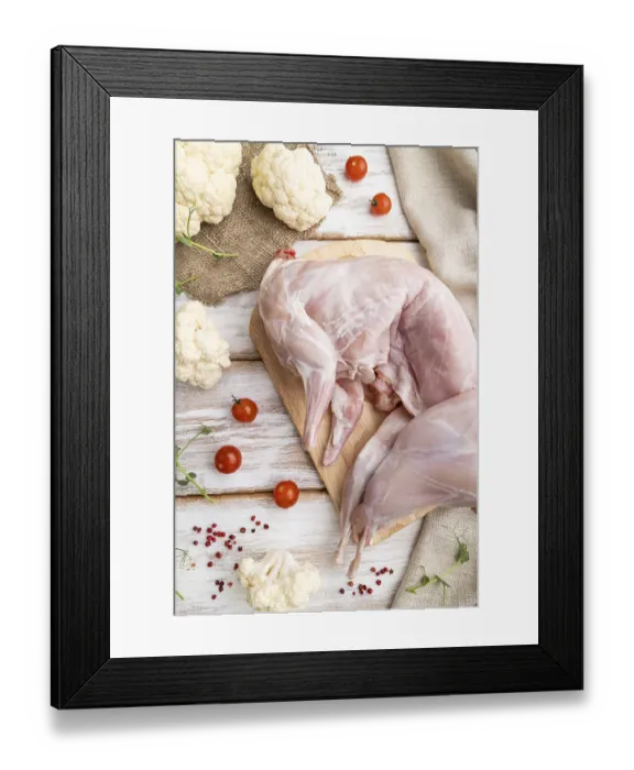 Framed Print : Whole raw rabbit with cauliflower Framed Print : Whole raw rabbit with cauliflower