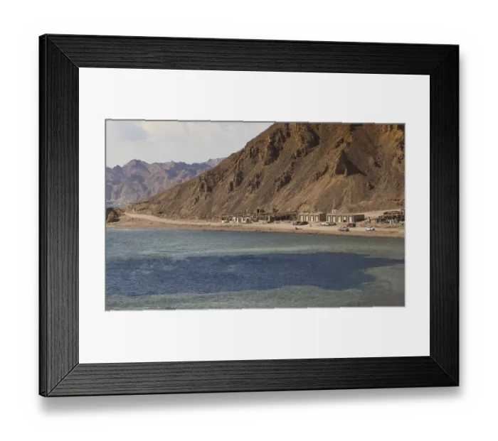 Framed Print : The coastline of the Red Sea with small resorts and the mountains in the background Framed Print : The coastline of the Red Sea with small resorts and the mountains in the background