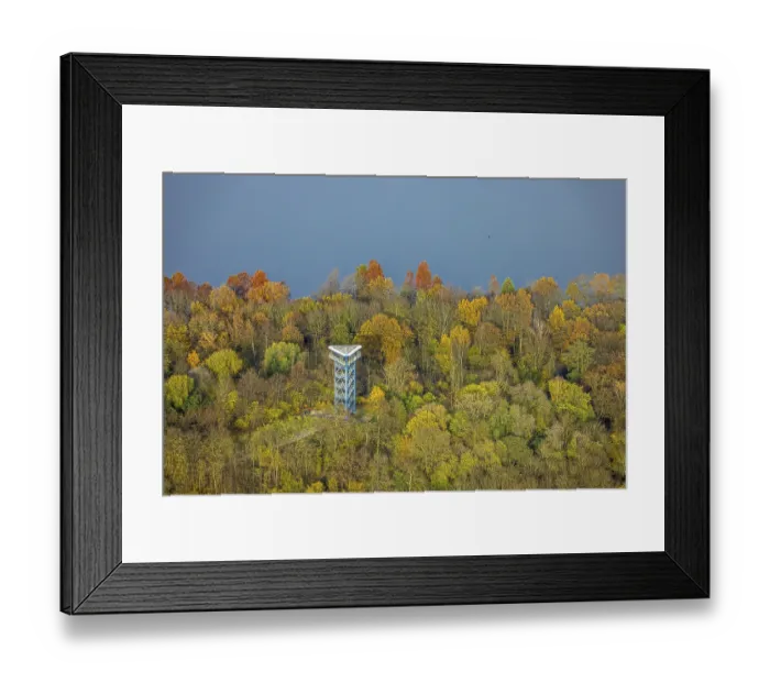 Framed Print : Aerial view, observation tower at the Sechs-Seen-Platte