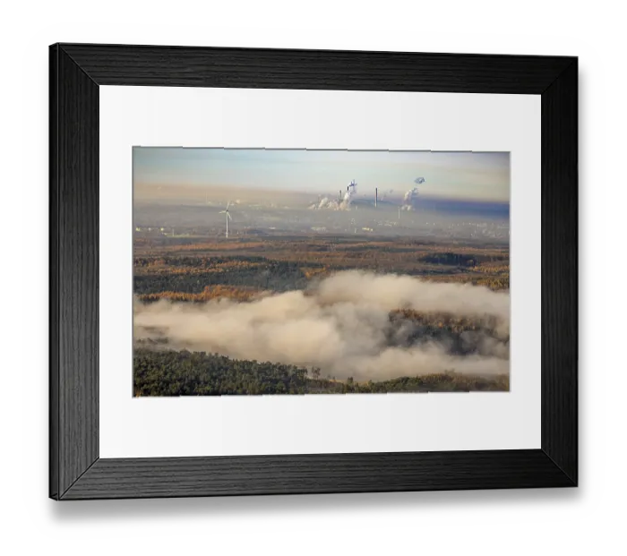 Framed Print : Aerial view, fog clouds over the autumn forest The Haard