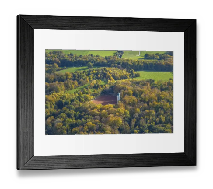Framed Print : Aerial view, water tower, sports field Am Volkspark
