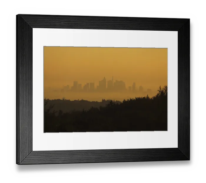 Framed Print : View of cityscape with silhouette and landscape of Frankfurt during sunrise
