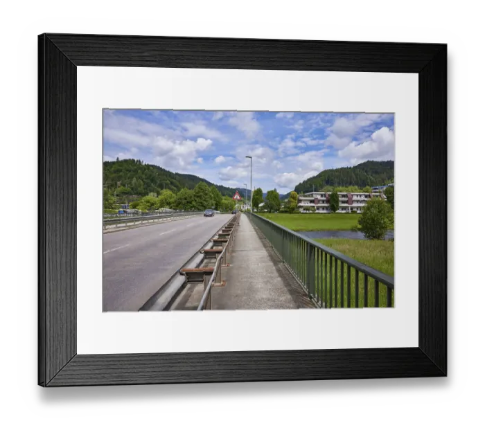 Framed Print : River Kinzig, car and pedestrian bridge