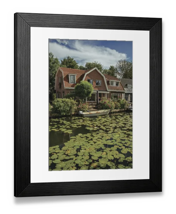 Framed Print : Tree-lined canal with aquatic plants