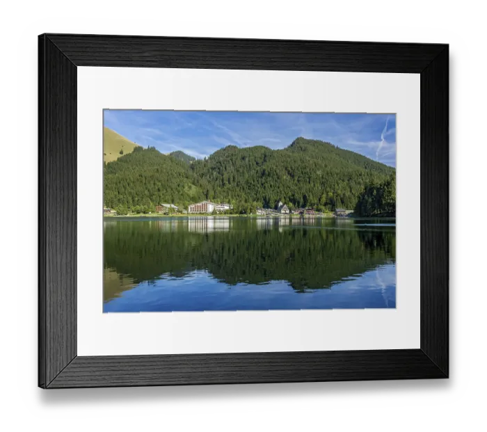 Framed Print : Arabella Alpenhotel, hotel, with lake and town of Spitzingsee