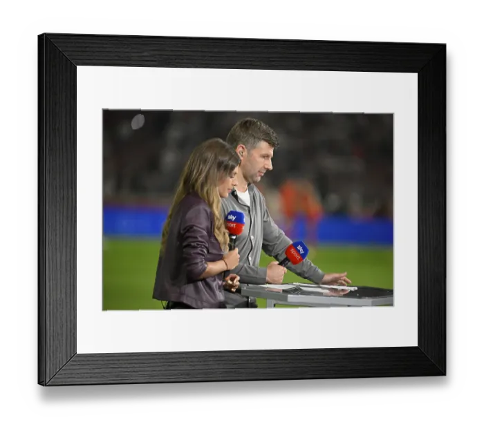 Framed Print : SKY presenter Mara Mones in an interview Microphone Logo with TV expert Thomas Hitzlsperger German Football League