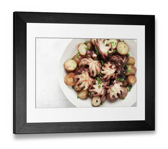 Framed Print : Baby grilled octopus with golden baked potatoes and fresh herbs Framed Print : Baby grilled octopus with golden baked potatoes and fresh herbs