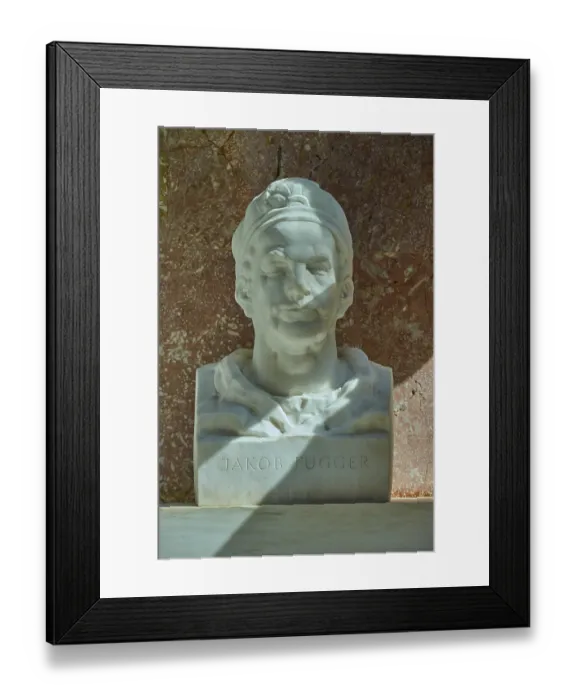 Framed Print : White marble bust of Jakob Fugger in front of a reddish wall Framed Print : White marble bust of Jakob Fugger in front of a reddish wall