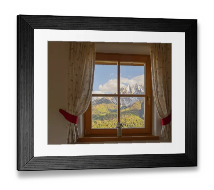 Framed Print : View through a window to the Dolomites in the foreground a small vase with meadow flowers on the windowsill Framed Print : View through a window to the Dolomites in the foreground a small vase with meadow flowers on the windowsill