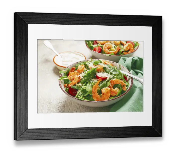 Framed Print : Two bowls of shrimp salad, arugula and cherry tomatoes Framed Print : Two bowls of shrimp salad, arugula and cherry tomatoes