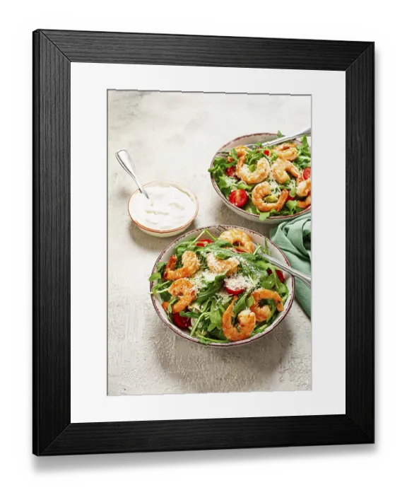 Framed Print : Two bowls of shrimp salad, arugula and cherry tomatoes