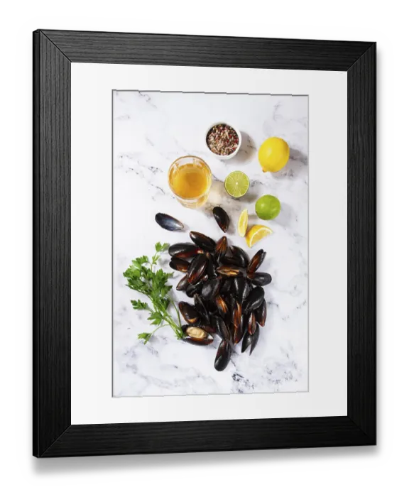 Framed Print : Fresh mussels scattered on the table