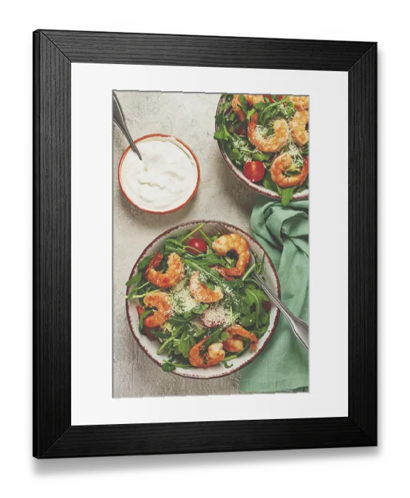 Framed Print : Two bowls of shrimp salad, arugula and cherry tomatoes