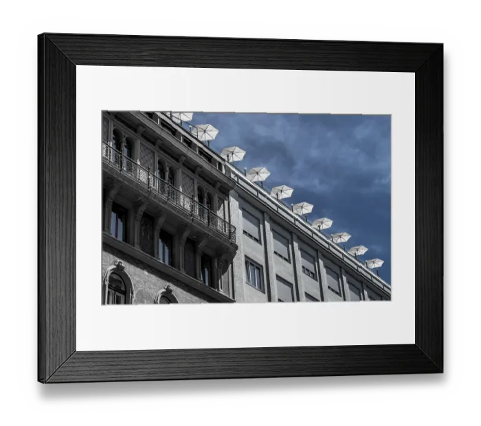 Framed Print : Roof Terrace With Sun Parasols On Historic And Modern Buildings In The Inner City Of Vienna In Austria