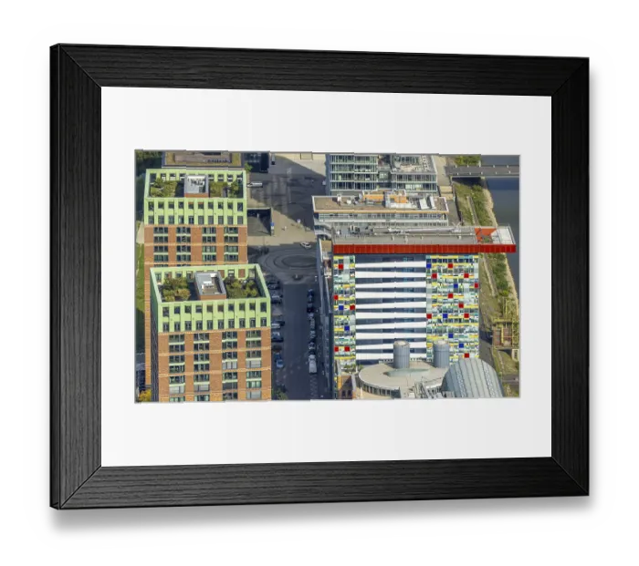 Framed Print : Aerial view, Colorium Hotel Innside Dusseldorf harbour and artistic coloured glass panel facade