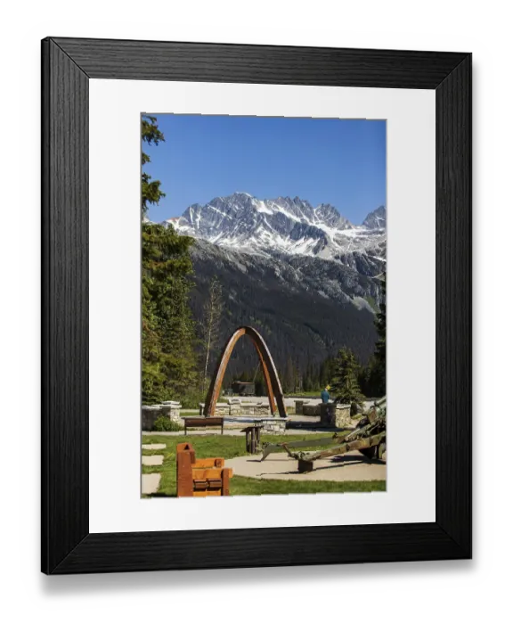 Framed Print : The Rogers Pass with the commemorative arch marking the location where the Trans Canada Highway was competed in 1962