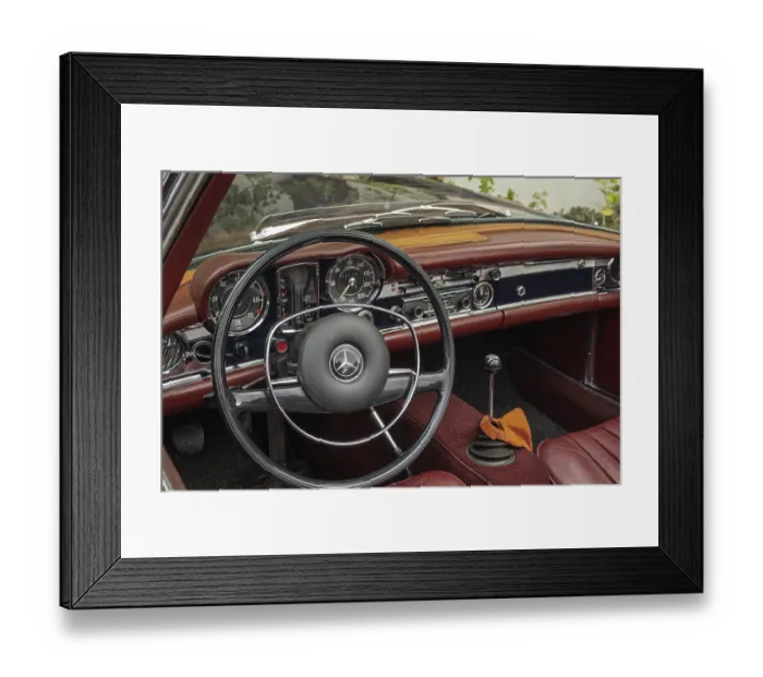Framed Print : Retro interior of a Mercedes with leather and wood elements