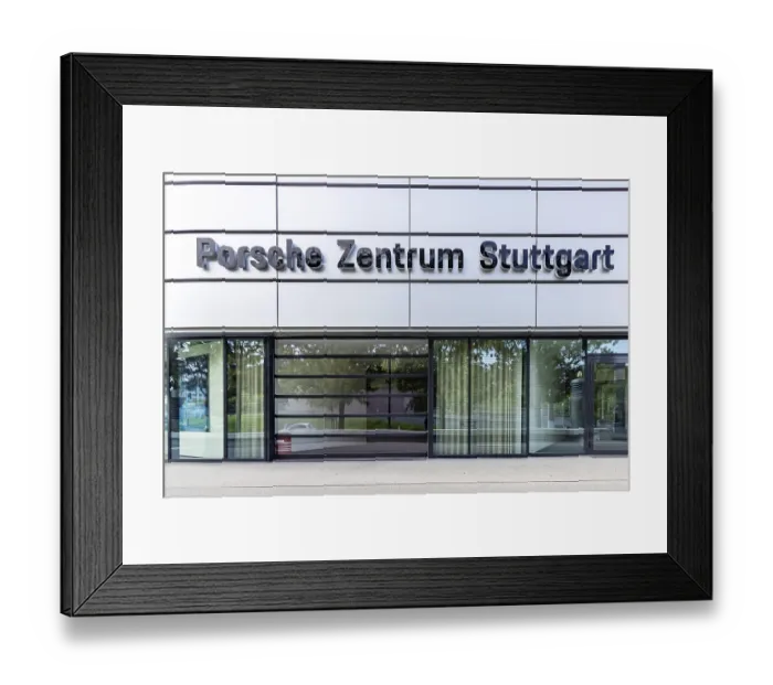 Framed Print : Porsche Centre. Writing at Autohaus am Pragsattel in Stuttgart