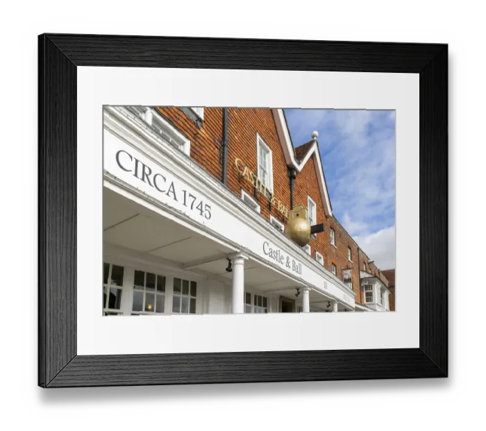 Framed Print : Frontage of historic building, Castle and Ball hotel public house Framed Print : Frontage of historic building, Castle and Ball hotel public house
