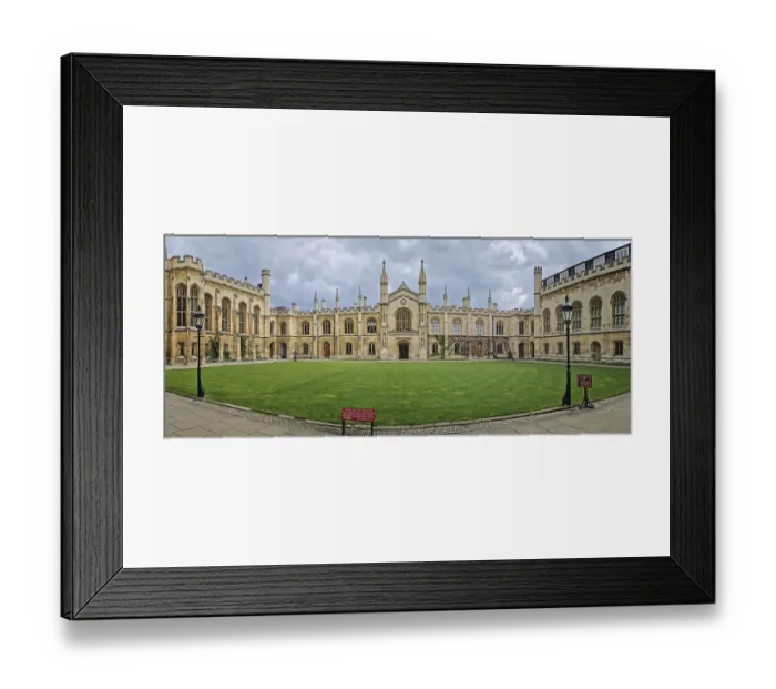 Framed Print : The University of Cambridge panoramic view of a historic college courtyard