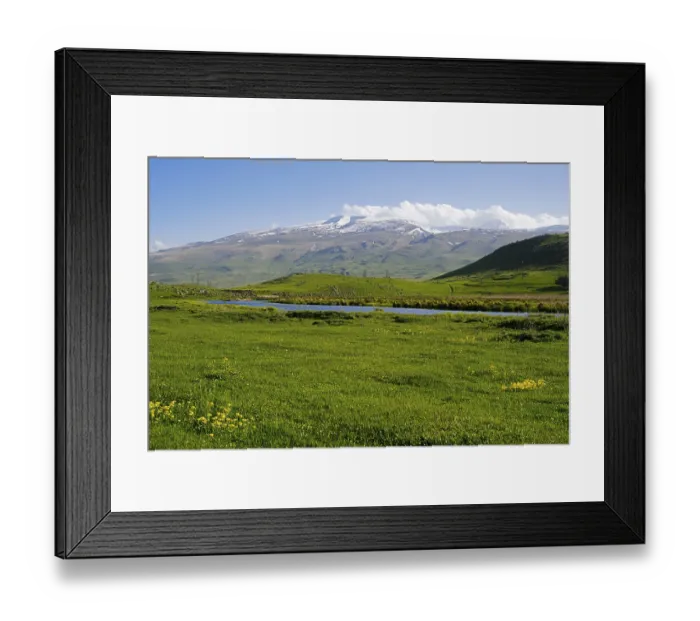 Framed Print : Idyllic landscape with snow-covered mountains and green grass under a blue sky