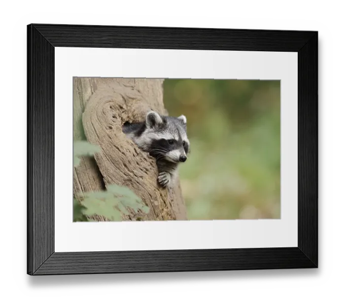 Framed Print : Raccoon (Procyon lotor), young animal looking out of a tree hollow