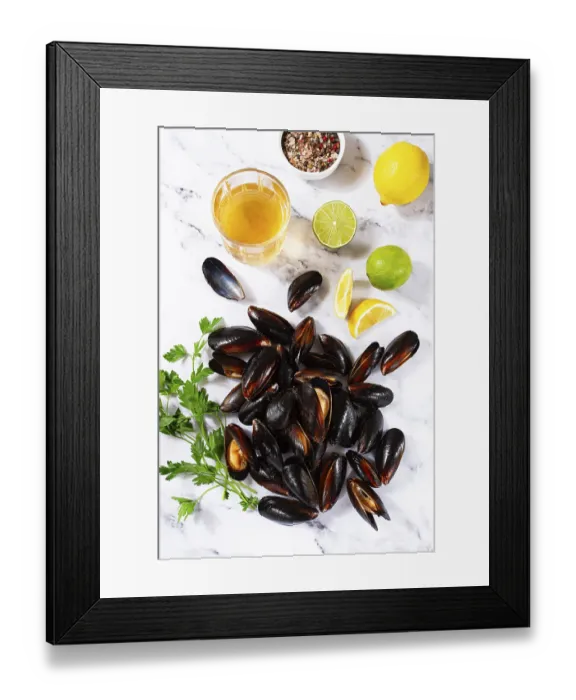 Framed Print : Fresh mussels scattered on the table