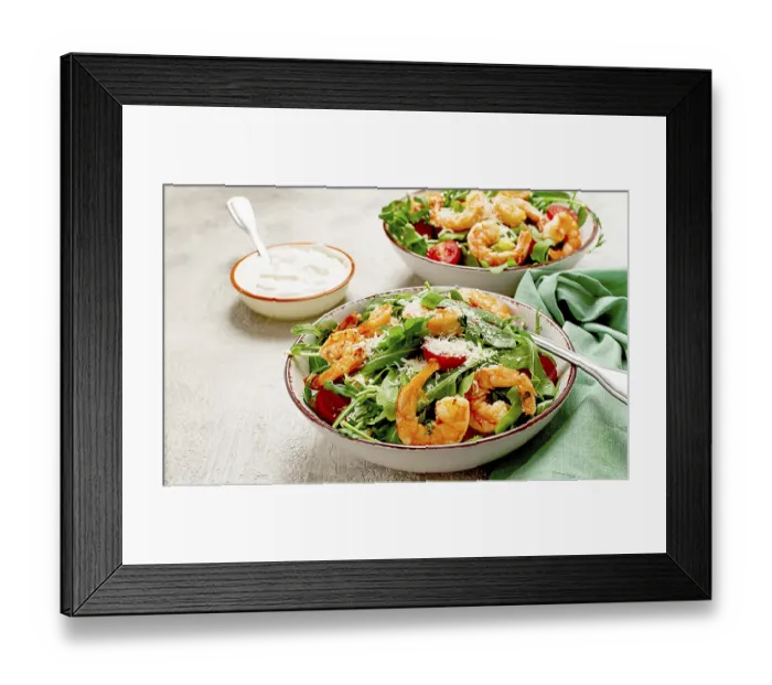 Framed Print : Two bowls of shrimp salad, arugula and cherry tomatoes Framed Print : Two bowls of shrimp salad, arugula and cherry tomatoes