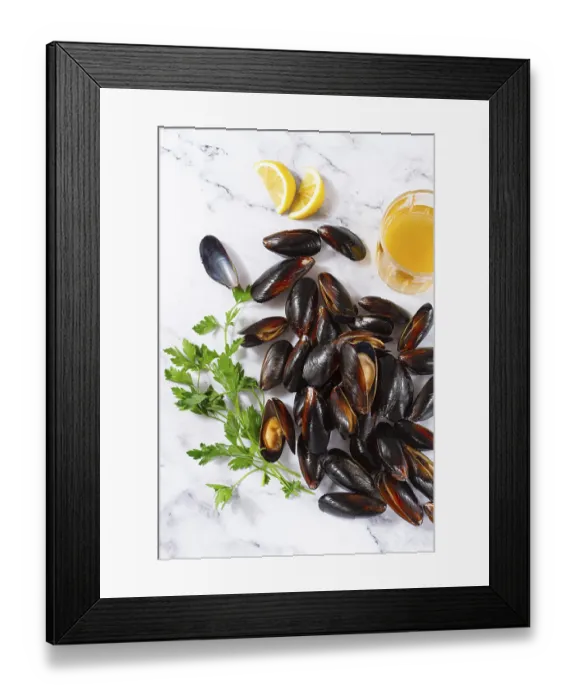 Framed Print : Fresh mussels scattered on the table