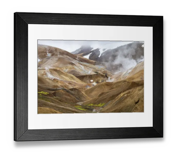 Framed Print : Steaming springs and colourful rhyolite mountains