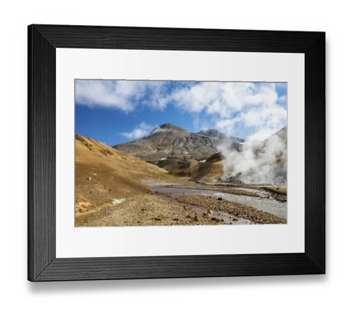 Framed Print : Steaming springs and colourful rhyolite mountains