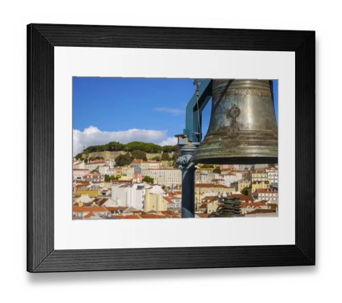 Framed Print : Close-up of historic bell in selective focus overlooking Lisbon