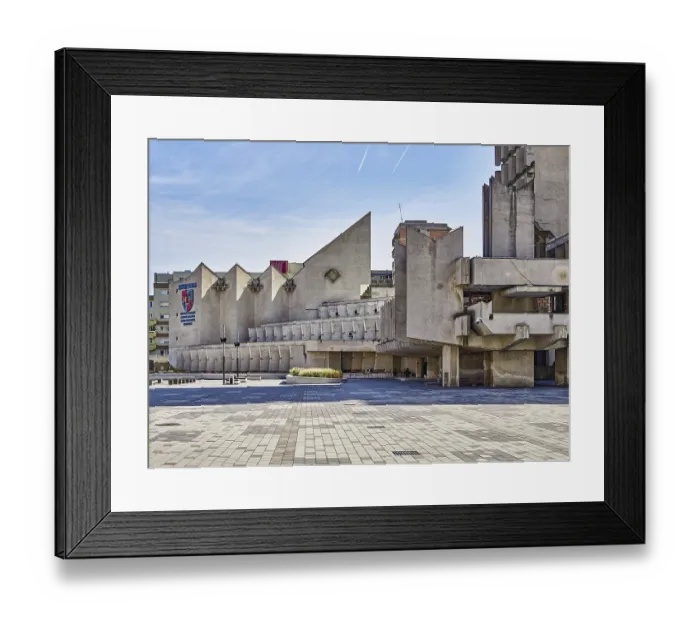 Framed Print : Massive brutalist concrete architecture in an urban environment with geometric shapes