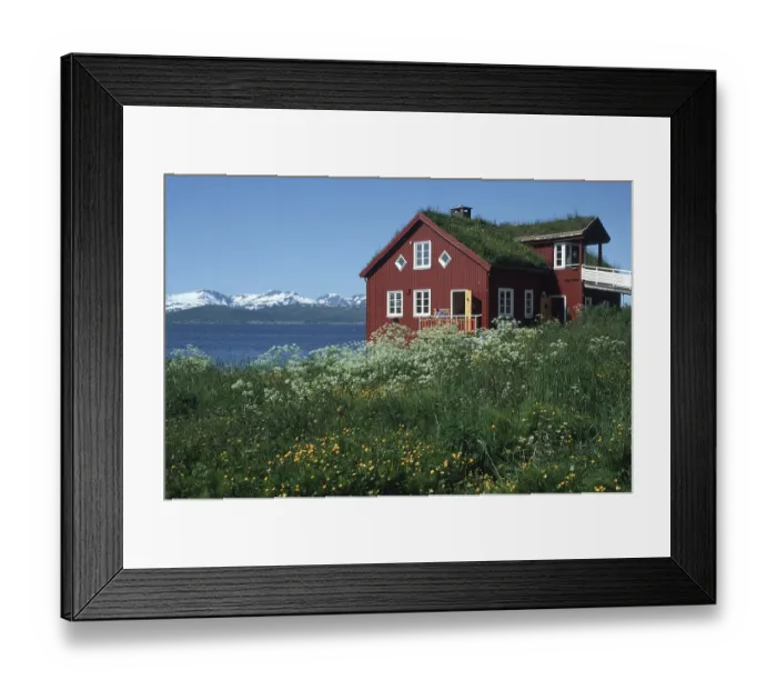 Framed Print : Wooden house with grass roof, Troms, Norway