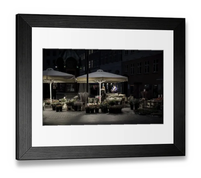 Framed Print : A quiet nighttime market scene with lantern-lit stalls selling plants