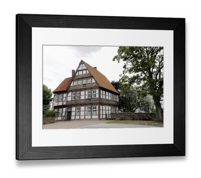 Framed Print : Historic old office building, artistically decorated half-timbered building