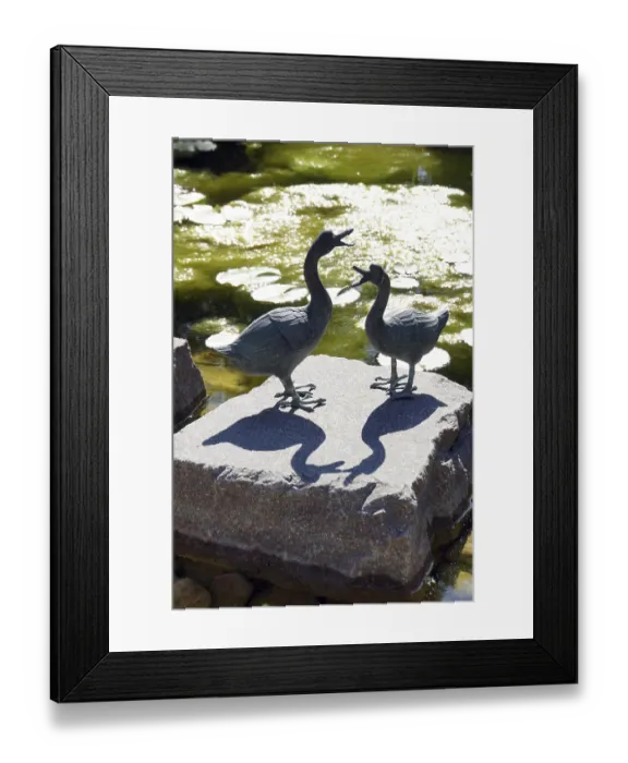 Framed Print : Decoration with two ducks at the garden pond