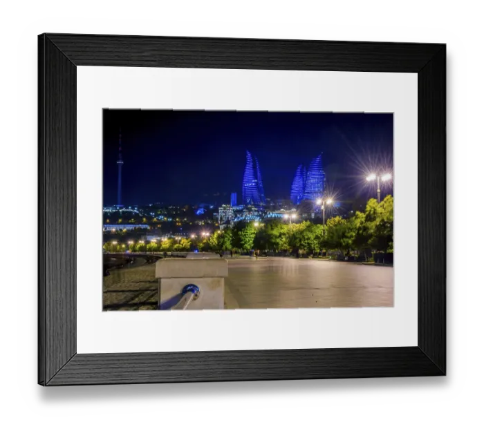Framed Print : Baku downtown and flame towers illuminated at night