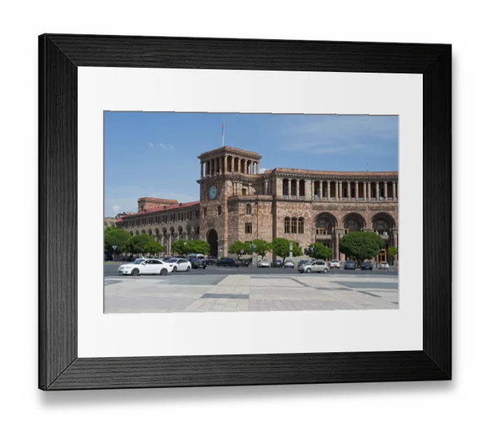 Framed Print : Historic building with clock tower and arches
