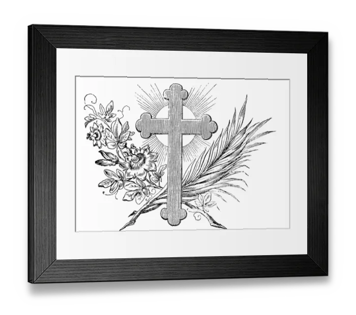 Framed Print : Christian symbols with cross, palm branch